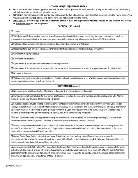 Compass Ii Resume Rubric Updated May 2021 Updated 0510 Compass
