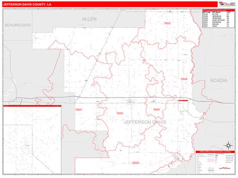 Jefferson Davis County La Zip Code Wall Map Red Line Style By