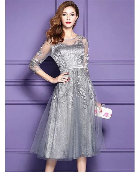 Silver Lace Midi Party Wedding Guest Dress For Fall Weddings With