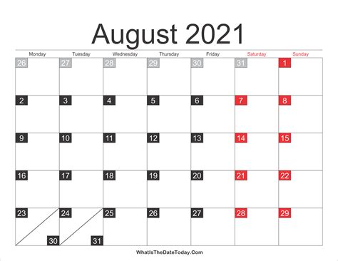 2021 August Calendar Printable Whatisthedatetodaycom