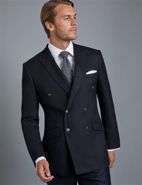Wool Mens Double Breasted Blazer With Single Back Vent In Navy Hawes Curtis USA