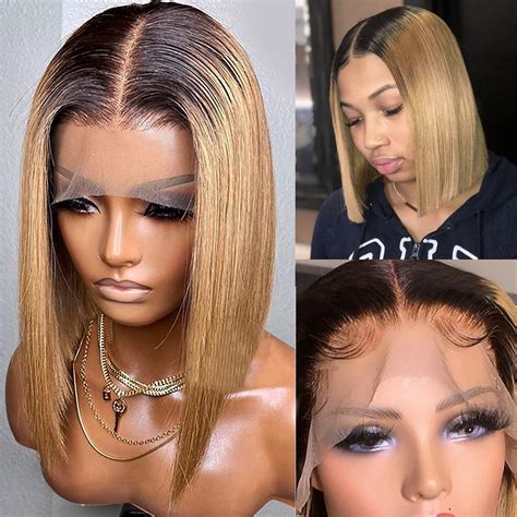 buy honey blonde bob wigs human hair short straight 1b 27 ombre lace front wigs t part 13x1x5