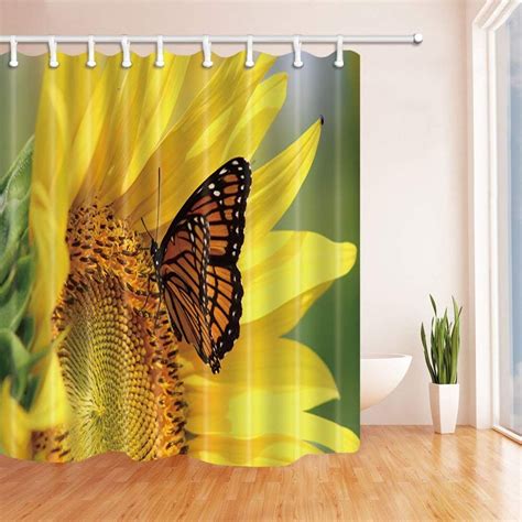 Artjia Butterfly Fly On Sunflower Polyester Fabric Bathroom Shower