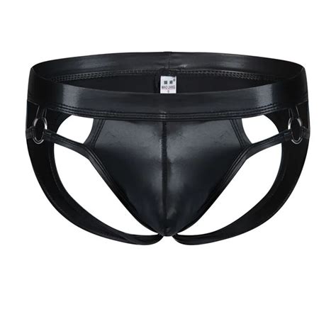 Sexy Gay Underwear Men G Strings Thongs Black Faux Leather Jockstrap Man Low Waist U Convex