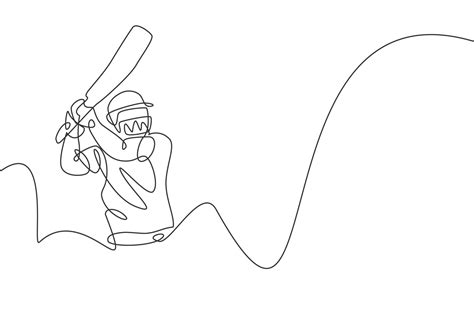 One Single Line Drawing Of Young Energetic Man Cricket Player Practice