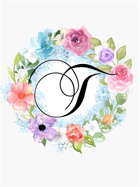 Watercolor Floral Wreath Monogram Letter T Sticker By Grafixmom
