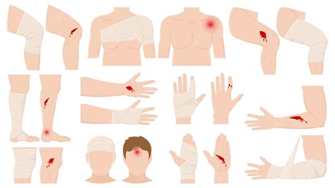 lesión física de dibujos animados aplicación de vendaje para heridas partes del cuerpo