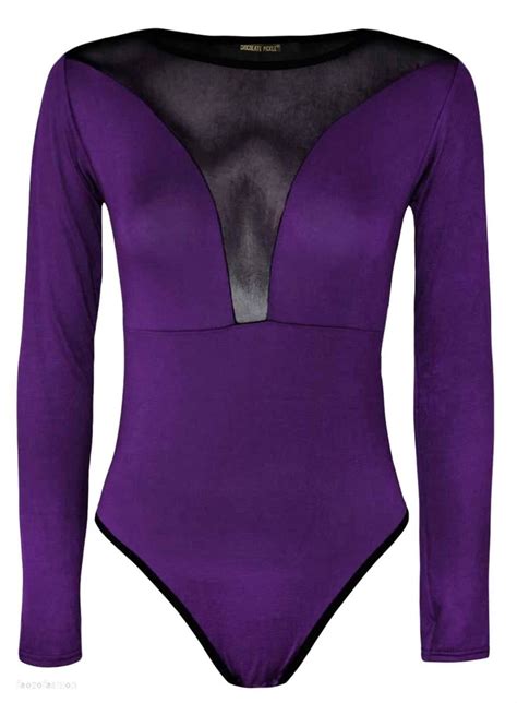New Womens Long Sleeve Mesh Insert Printed Stretch Bodysuits Lace