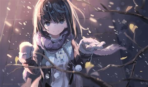Download 1500x884 Anime Girl Winter Snow Tree Wind Short Hair