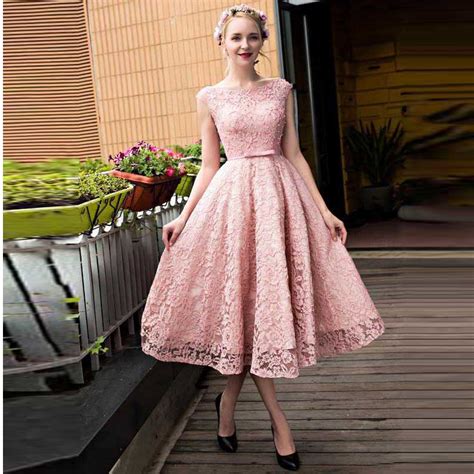 Pink Lace Tea Length Homecoming Dress Cap Sleeve Party Dress For