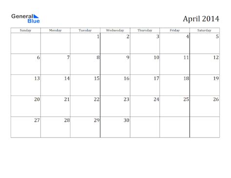 April 2014 Calendar Printable 1 Printable Calendar 2014 Blank