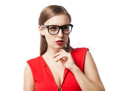 Beautiful Lady In Glasses Thinking While Looking Up Stock Image Image