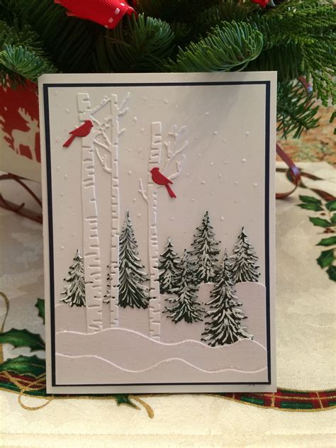 Impression Obsession Birch Trees With Cardinals And Io Pine Trees