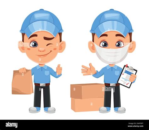 Courier Cartoon Character Set Of Two Poses Funny Delivery Man With