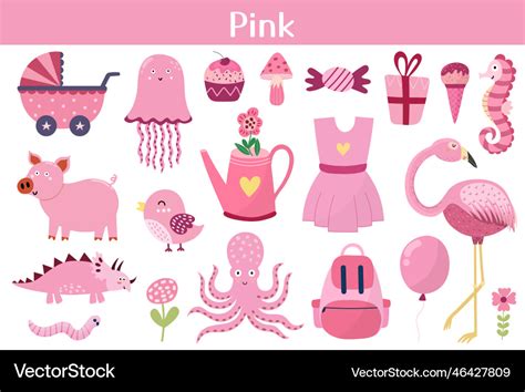 Pink Color Objects Set Learning Colors For Kids Vector Image