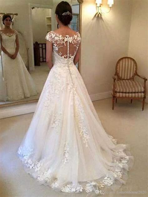 wedding dresses 2016 new full lace appliques illusion neck cap sleeves sweep trai… vestidos de