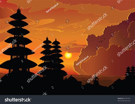 Vector Indonesian Old Temple Pura Besakih On A Cloudy Sunset Background
