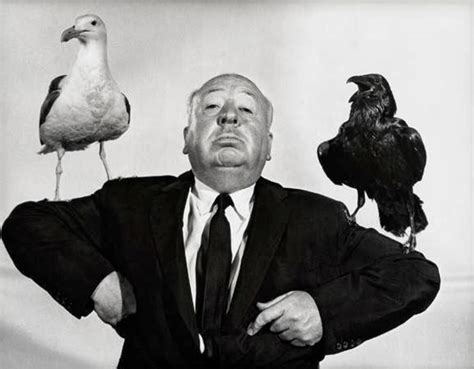 still portraits of alfred hitchcock posing with birds in promotion for his film ‘the birds