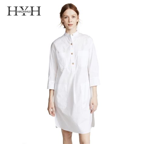 Hyh Haoyihui Women Office Lady Solid White Loose Shirt Mini Dress Single Breasted Three Quarter