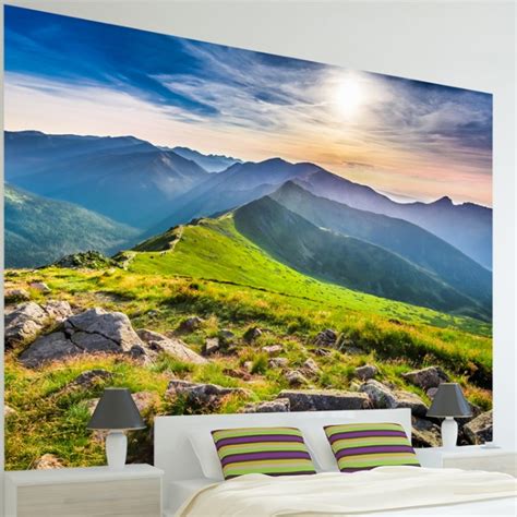 Mountain Sunset Over Peaks Landscape Wall Mural Nature Photo Wallpaper