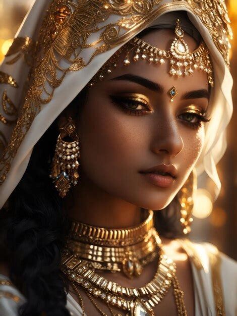 Premium Ai Image A Realistic Pretty Young Arab Girl In Gold Ornaments Looking At The Camera