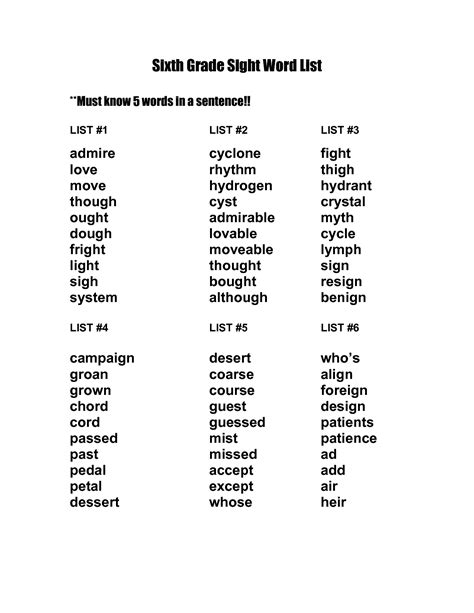 6th Grade Sight Words Sixth Grade Sight Word List Homeschooling