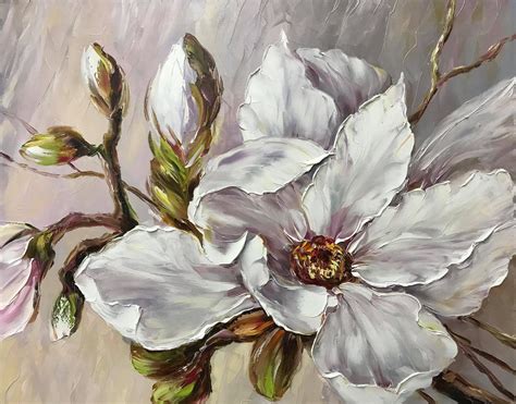 Large Magnolia Painting White Pearl Flower Wall Art Soft Etsy Canada