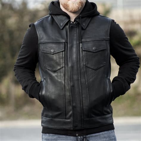 First Manufacturing Kent Mens Black Leather Vest With Hoodie Konquer