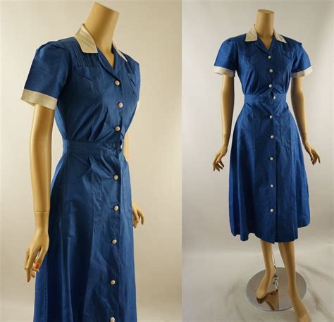 Vintage Nwt 1950s Blue And White Waitress Uniform Dress By Wilkshire Sz Xs B36 W24 By