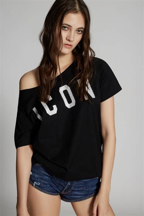 Womens Dsquared2 T-Shirts | Crystal Icon Off-Shoulder T-Shirt Black 