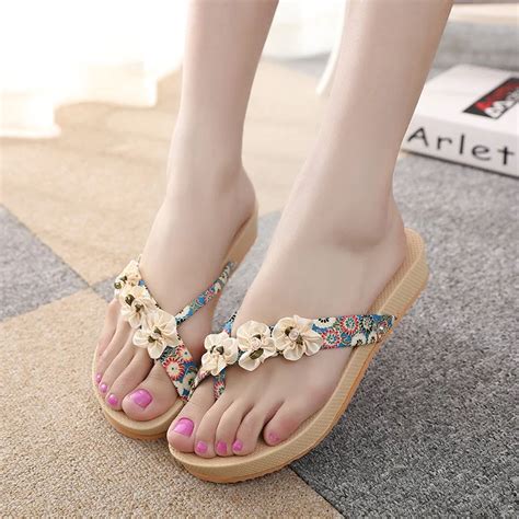 2015 Summer Flip Flops Flowers Flat With Clip Toe Is Cool Procrastinate Girl Sandal Shoes With