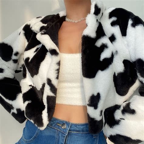 Womens Cow Print Fuzzy Fleece Short Jackets Long Sleeve Fluffy Coat Zip