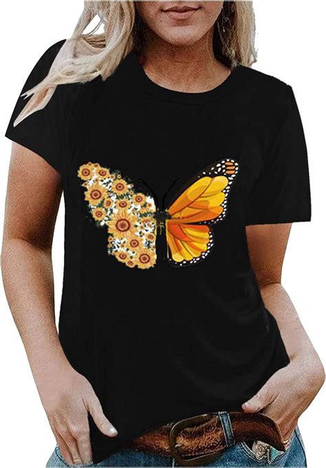 Womens Butterfly Printed Tshirt Fashion Graphic Short Sleeve Crew Neck