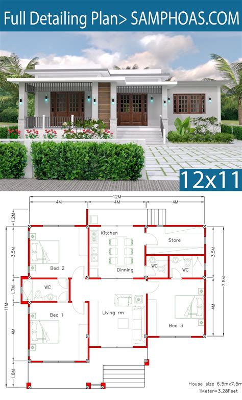 House Plans 12x11m With 3 Bedrooms Sam House Plans House Plan