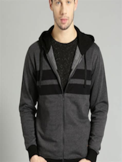 Buy The Roadster Lifestyle Co Men Charcoal Grey And Black Striped Hooded