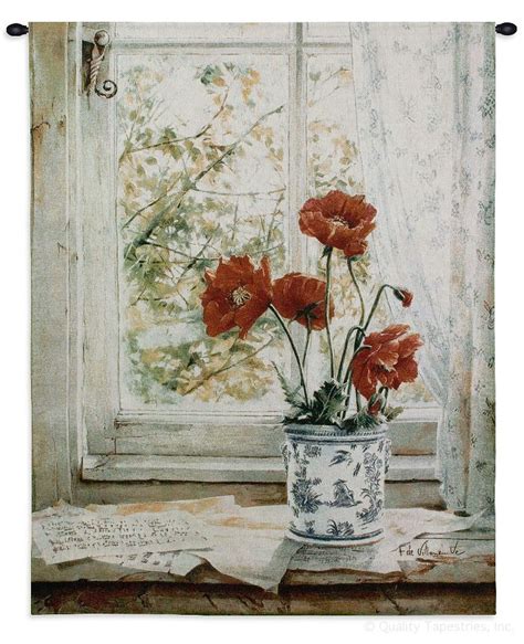 Red Flowers On Window Sill Wall Tapestry