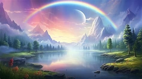 Premium Ai Image Rainbow Over A Lake With Mountains And Rainbows