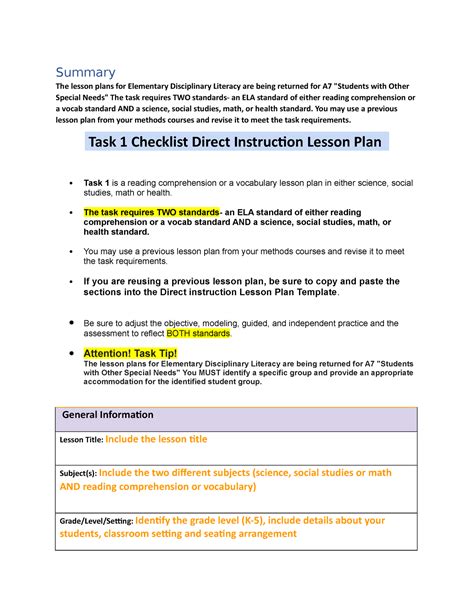 Task 1 Checklist Task List Summary The Lesson Plans For Elementary
