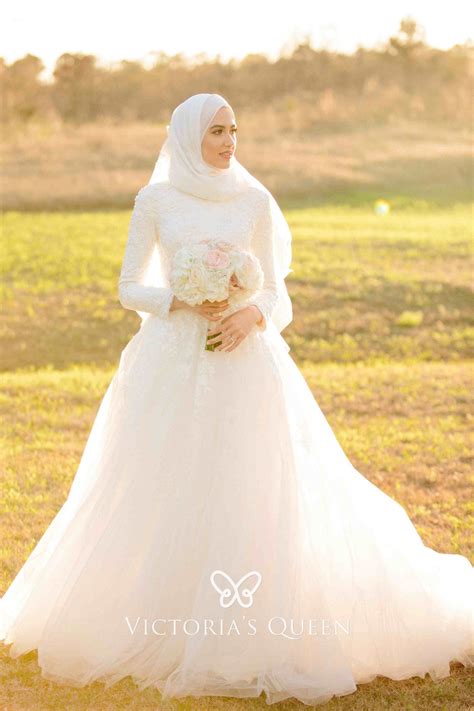 Long Sleeve White Lace Tulle Muslim Wedding Dress Vq