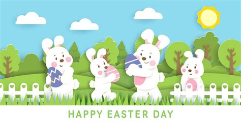 Easter Day Banner With Cute Rabbits And Easter Eggs 2146616 Vector Art