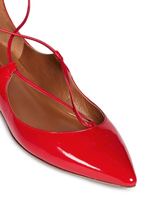Aquazzura Christy Lace Up Patent Leather Flats In Red Lyst