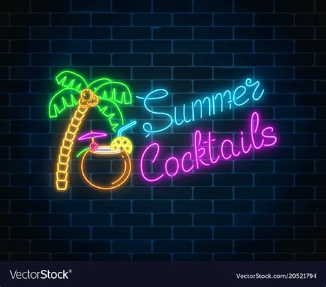 Neon Summer Cocktail Bar Sign On Dark Brick Wall Vector Image