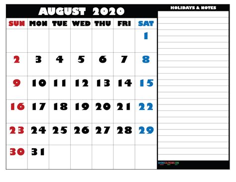 Free Monthly Printable Calendar 2020 August With Holidays