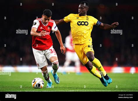 Arsenal S Gabriel Martinelli Left And Standard Liege S Paul Jose M Poku Battle For The Ball