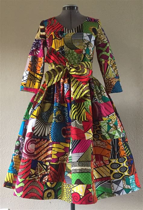 African Wax Print Genuine Patchwork Midi Dress With Pockets