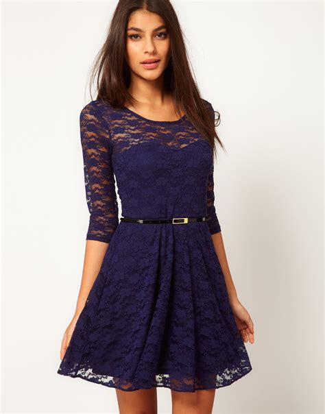 Asos Skater Dress In Lace With Sleeve In Blue Navy Lyst