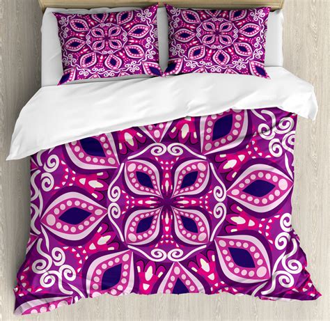 Floral Queen Size Duvet Cover Set Trippy Flower Motif With Modern Lace