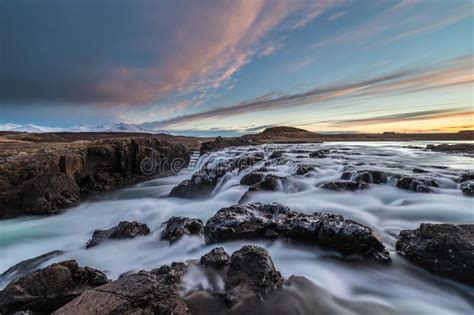 Landscape Of Waterfalls And Rivers In Icelandic Lands Stock Image