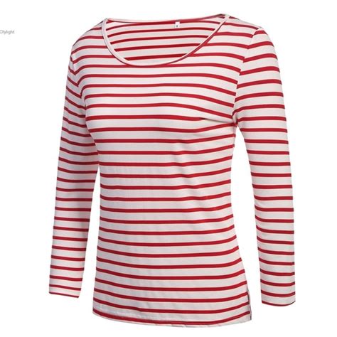 Clothing Women Red And White Striped Tops Pleated Long Sleeve Shirt