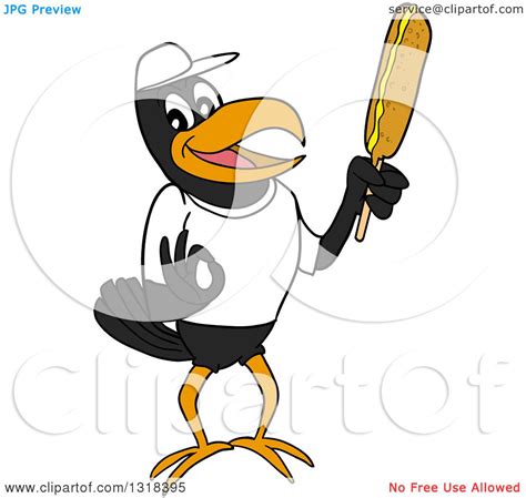 Clipart Of A Cartoon Casual Black Crow Mascot Holding A Corn Dog
